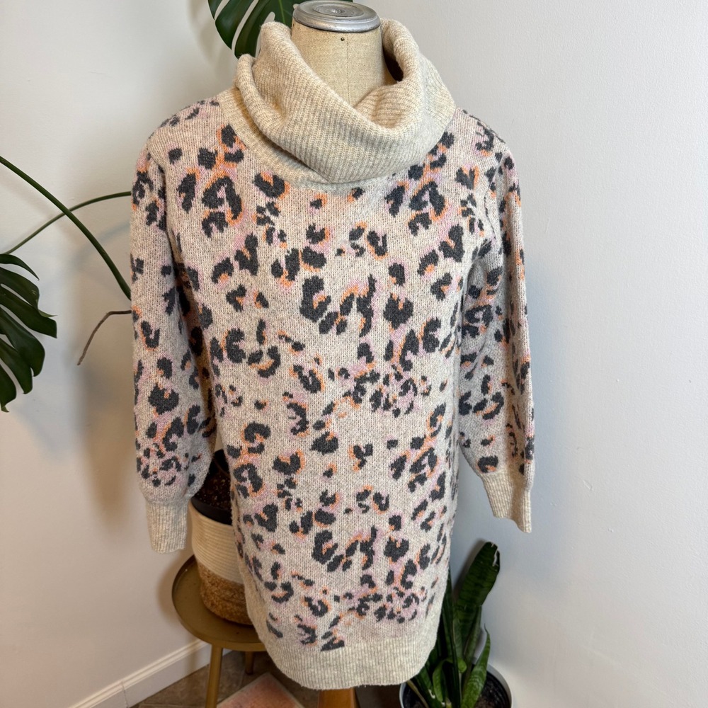 Anthropologie Emmy Cowl Neck Sweater Leopard Print Dress Small Beige Knit Mini